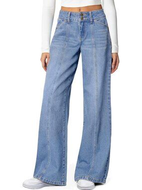 Women's Blue High Waisted Stretchy Jeans Seamed Front Double Buttons Wide Leg